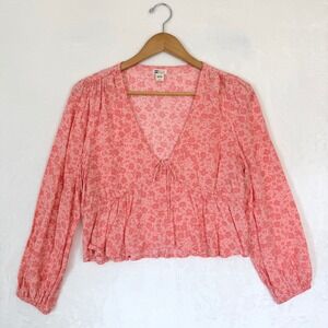 Billabong Women's Pink Floral Print Peplum Blouse Top Size L